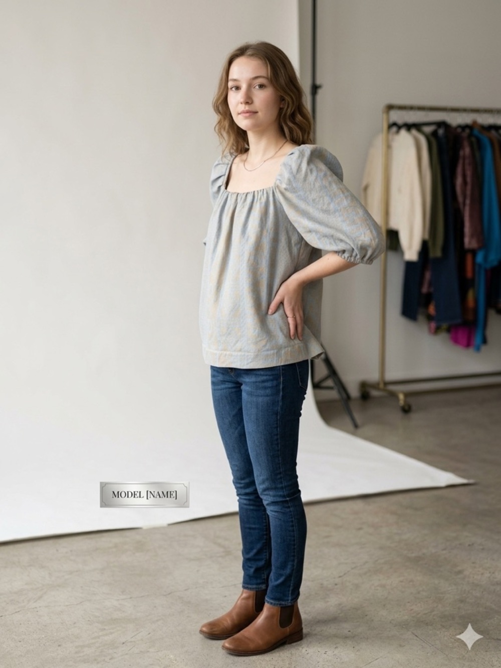 Finley Light Blue and Beige Puff-Sleeve Square Neck Blouse